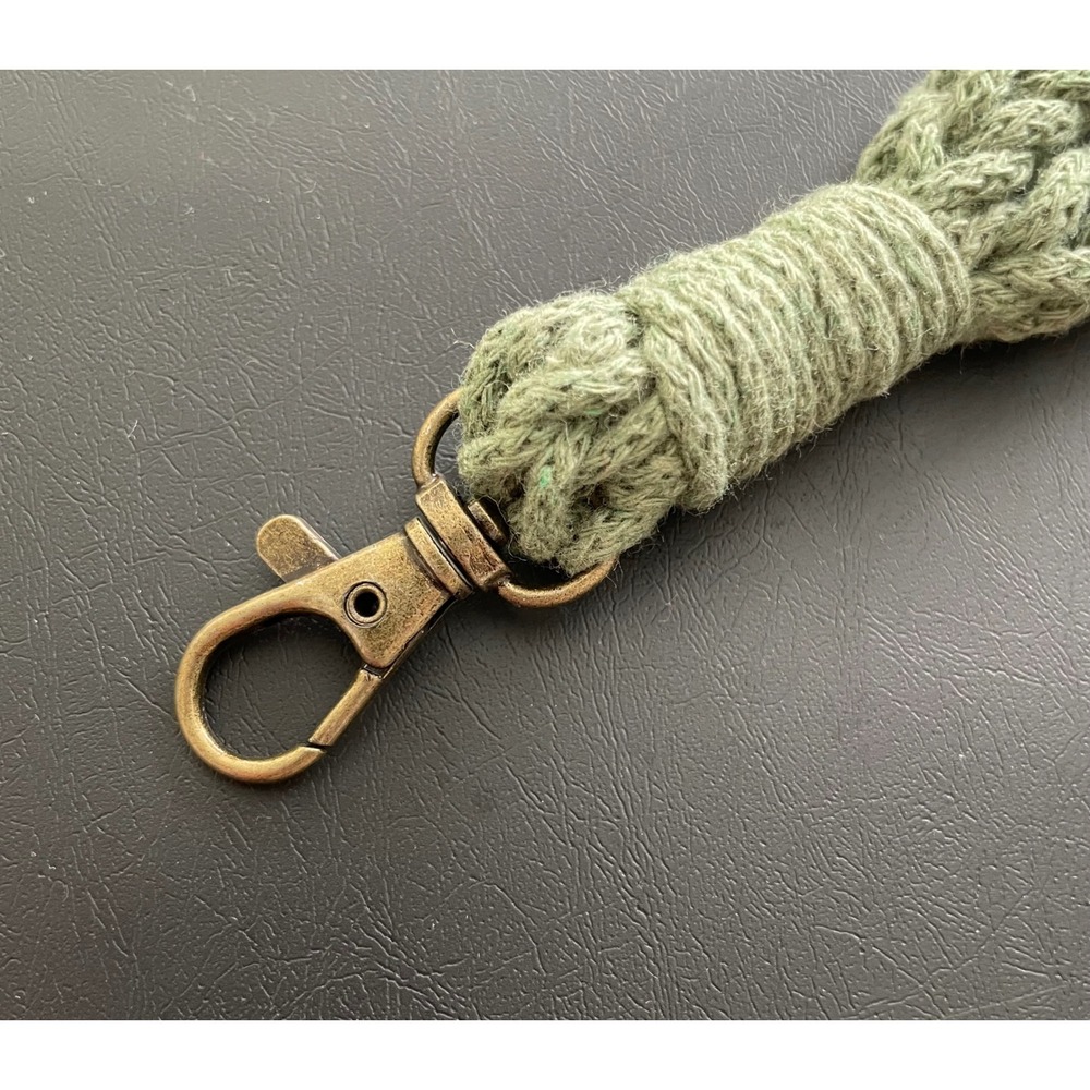 Handmade Braided I-cord Wristlet Keychain Sage Green Antique Brass Clasp